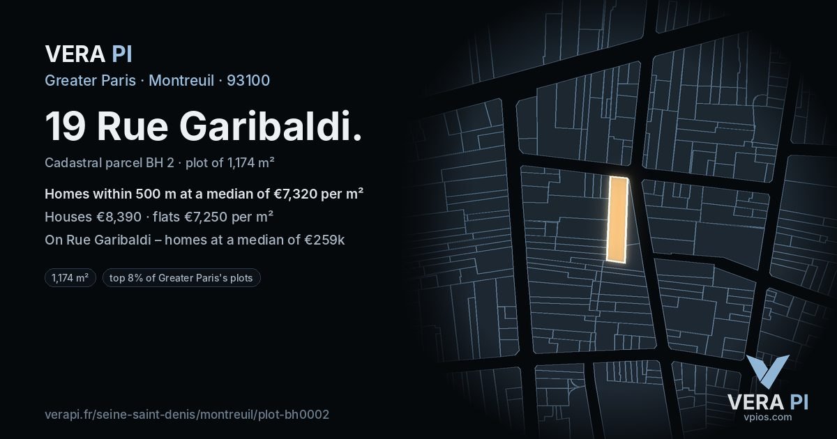 19 Rue Garibaldi, Montreuil at night – the plot lit, the parcels around coloured by the prices near them