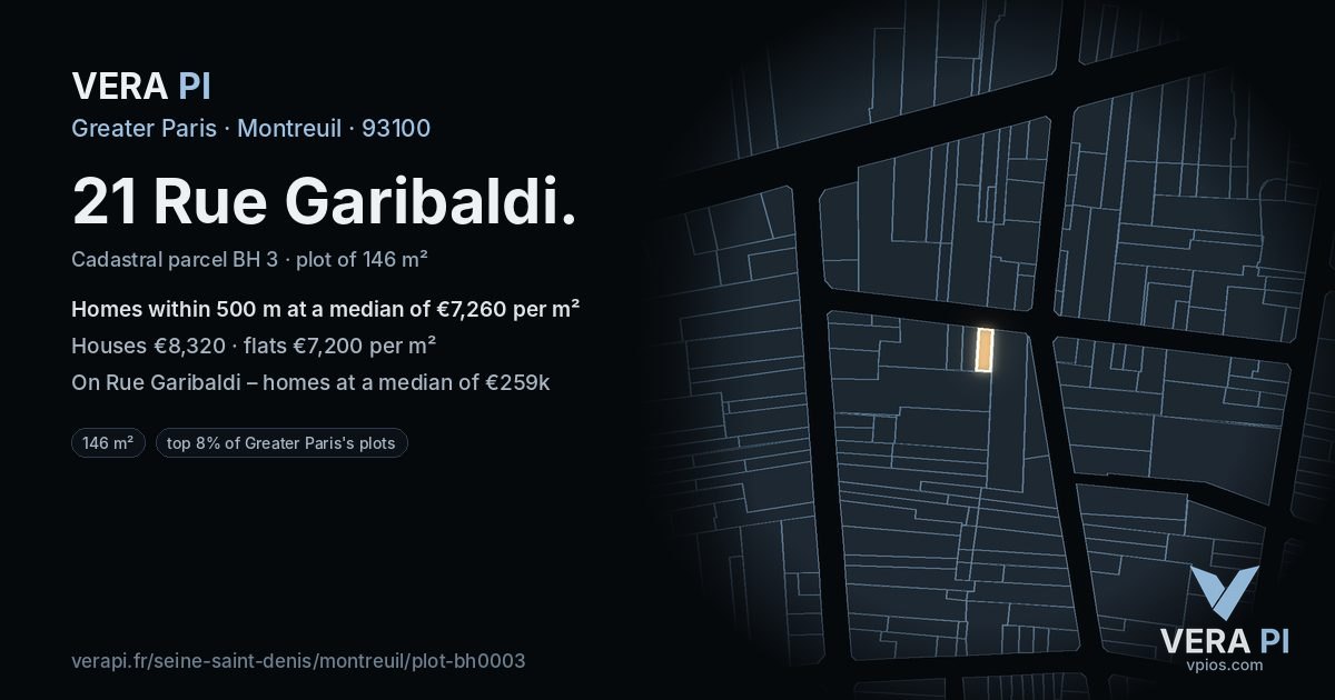 21 Rue Garibaldi, Montreuil at night – the plot lit, the parcels around coloured by the prices near them