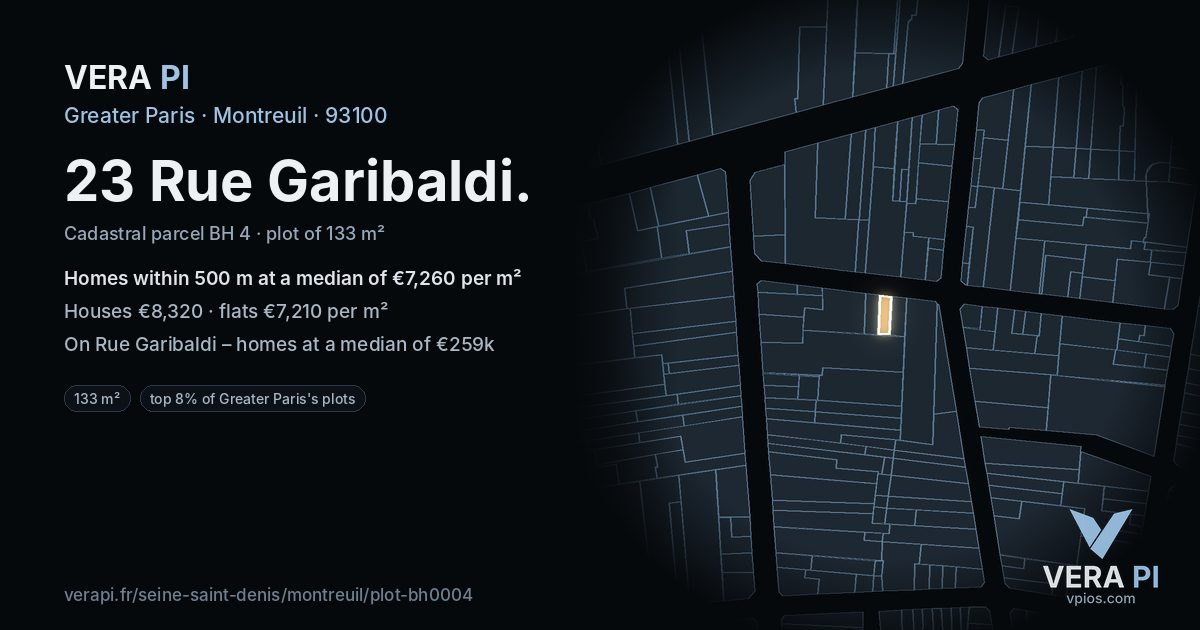 23 Rue Garibaldi, Montreuil at night – the plot lit, the parcels around coloured by the prices near them