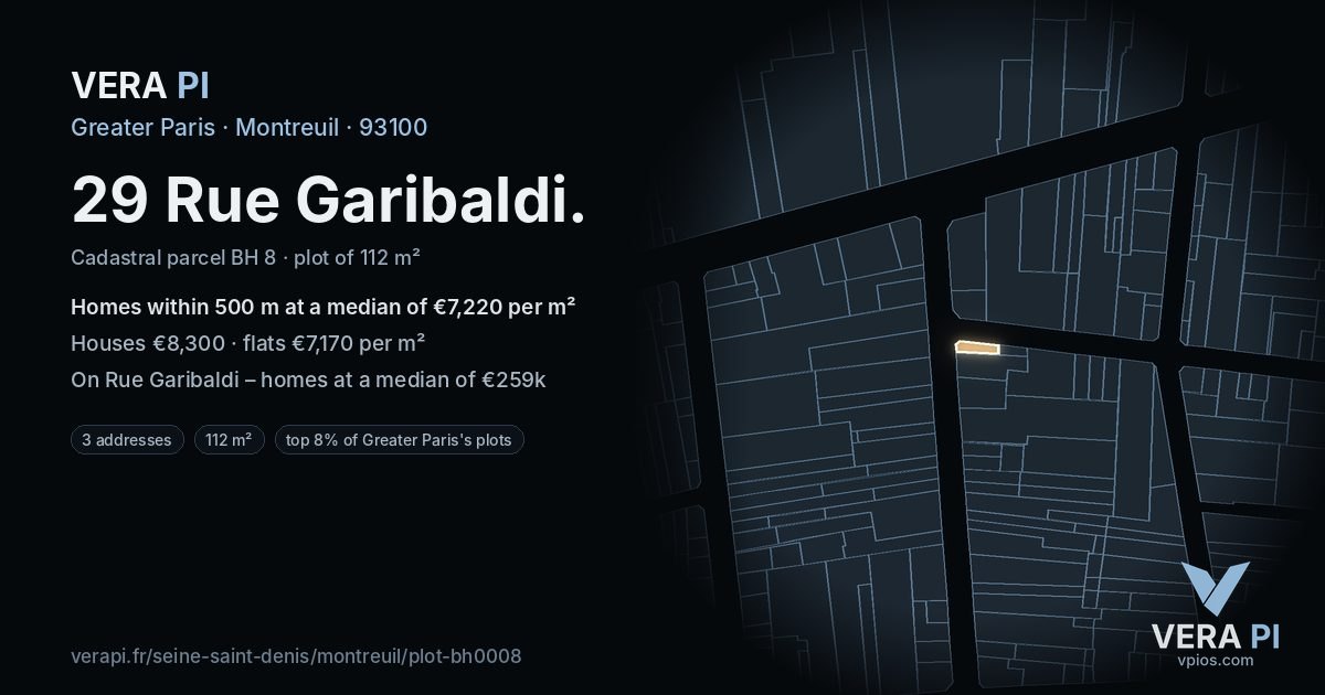 29 Rue Garibaldi, Montreuil at night – the plot lit, the parcels around coloured by the prices near them