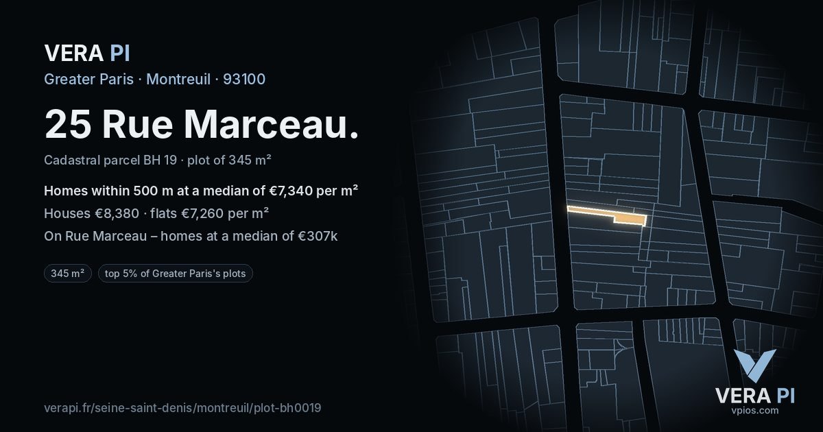 25 Rue Marceau, Montreuil at night – the plot lit, the parcels around coloured by the prices near them