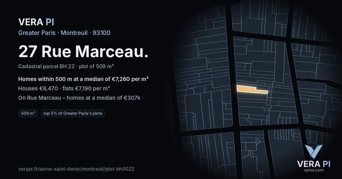 27 Rue Marceau, Montreuil at night – the plot lit, the parcels around coloured by the prices near them