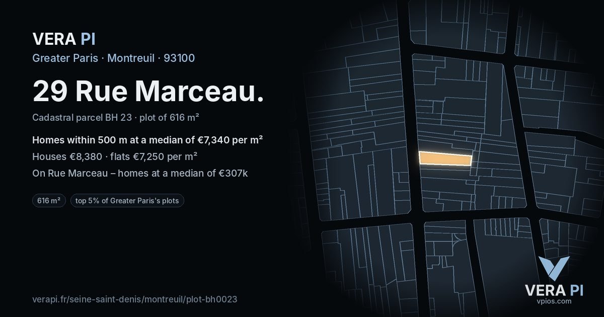 29 Rue Marceau, Montreuil at night – the plot lit, the parcels around coloured by the prices near them