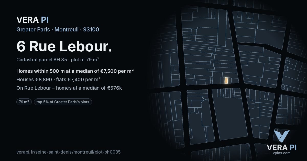 6 Rue Lebour, Montreuil at night – the plot lit, the parcels around coloured by the prices near them
