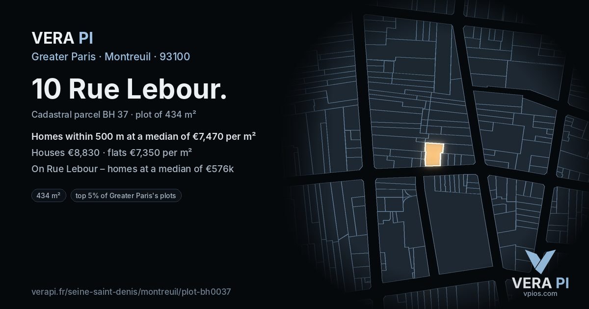 10 Rue Lebour, Montreuil at night – the plot lit, the parcels around coloured by the prices near them