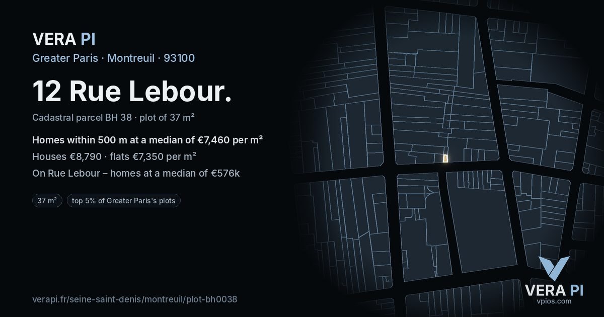 12 Rue Lebour, Montreuil at night – the plot lit, the parcels around coloured by the prices near them