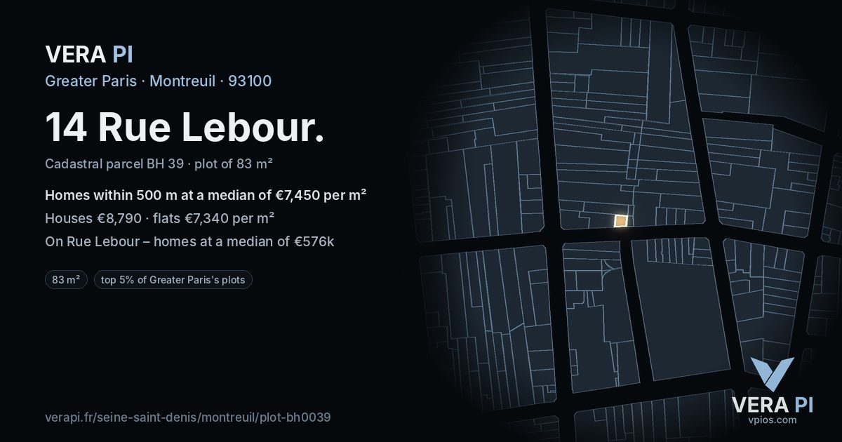 14 Rue Lebour, Montreuil at night – the plot lit, the parcels around coloured by the prices near them