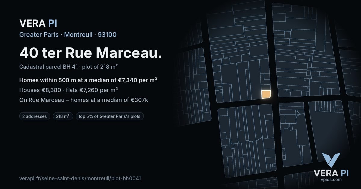 40 ter Rue Marceau, Montreuil at night – the plot lit, the parcels around coloured by the prices near them