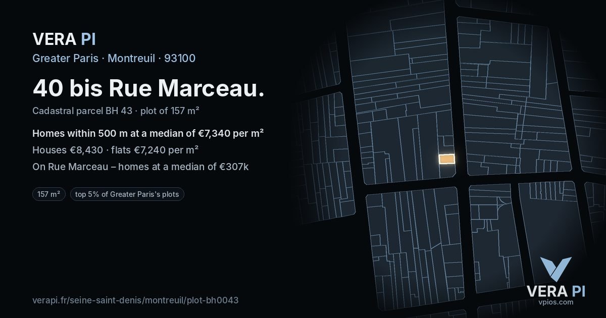 40 bis Rue Marceau, Montreuil at night – the plot lit, the parcels around coloured by the prices near them