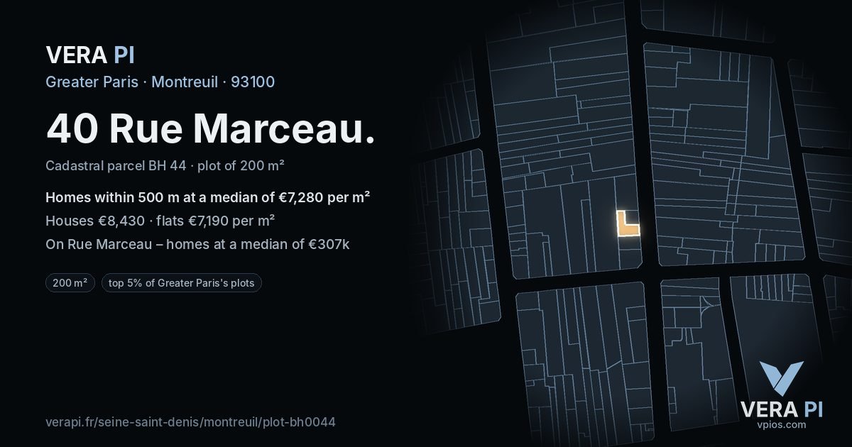40 Rue Marceau, Montreuil at night – the plot lit, the parcels around coloured by the prices near them
