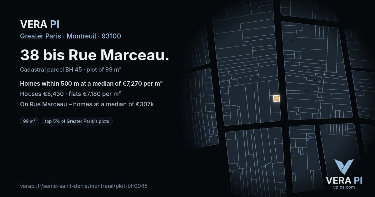 38 bis Rue Marceau, Montreuil at night – the plot lit, the parcels around coloured by the prices near them