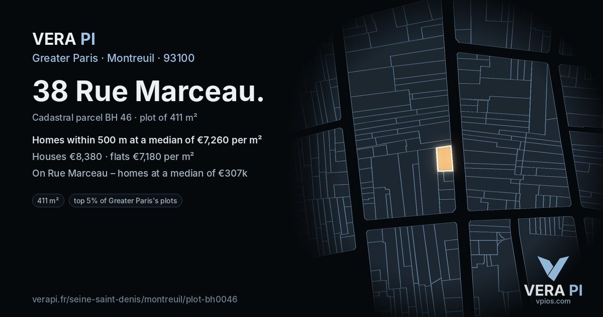38 Rue Marceau, Montreuil at night – the plot lit, the parcels around coloured by the prices near them