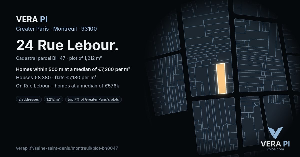 24 Rue Lebour, Montreuil at night – the plot lit, the parcels around coloured by the prices near them