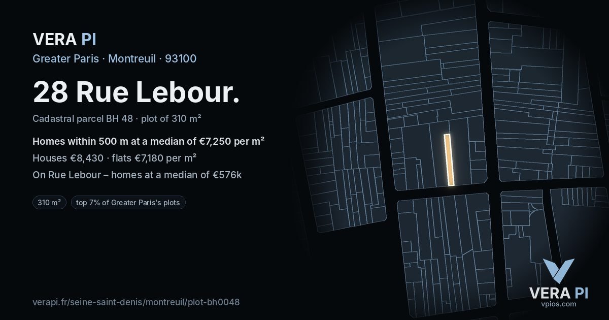 28 Rue Lebour, Montreuil at night – the plot lit, the parcels around coloured by the prices near them