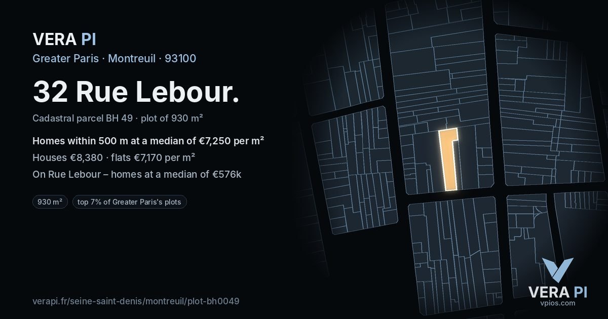 32 Rue Lebour, Montreuil at night – the plot lit, the parcels around coloured by the prices near them