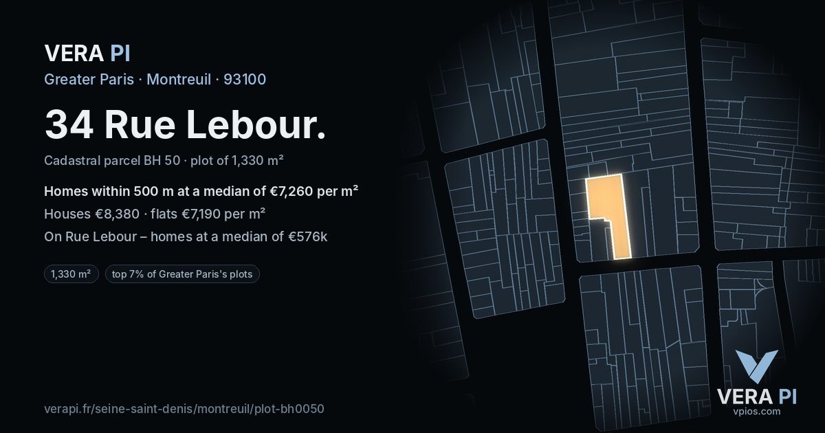 34 Rue Lebour, Montreuil at night – the plot lit, the parcels around coloured by the prices near them