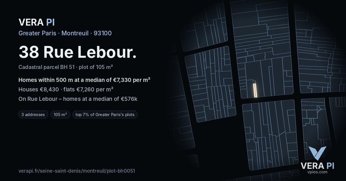 38 Rue Lebour, Montreuil at night – the plot lit, the parcels around coloured by the prices near them
