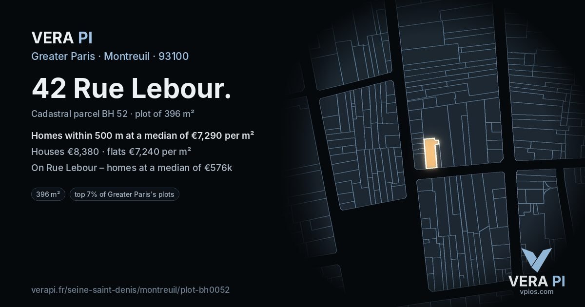 42 Rue Lebour, Montreuil at night – the plot lit, the parcels around coloured by the prices near them