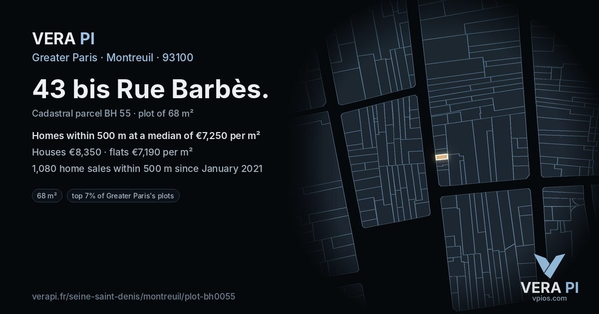 43 bis Rue Barbès, Montreuil at night – the plot lit, the parcels around coloured by the prices near them