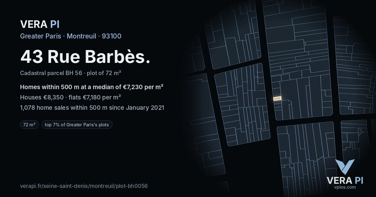 43 Rue Barbès, Montreuil at night – the plot lit, the parcels around coloured by the prices near them