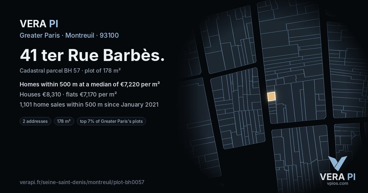 41 ter Rue Barbès, Montreuil at night – the plot lit, the parcels around coloured by the prices near them