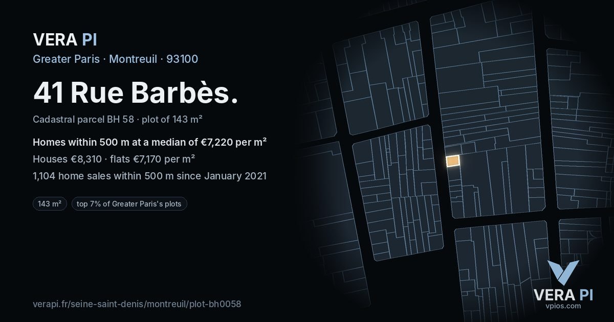 41 Rue Barbès, Montreuil at night – the plot lit, the parcels around coloured by the prices near them
