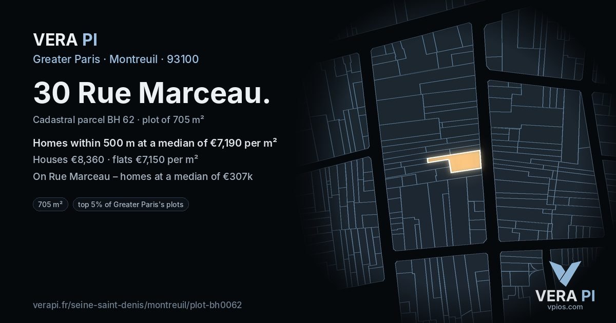 30 Rue Marceau, Montreuil at night – the plot lit, the parcels around coloured by the prices near them