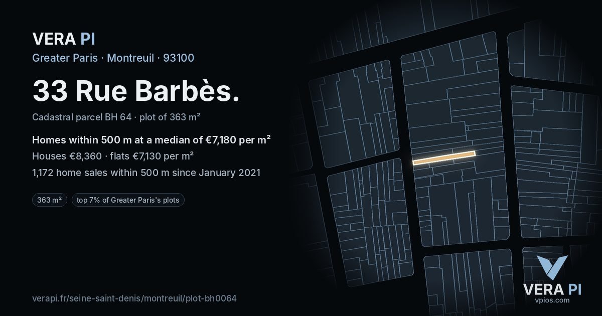 33 Rue Barbès, Montreuil at night – the plot lit, the parcels around coloured by the prices near them