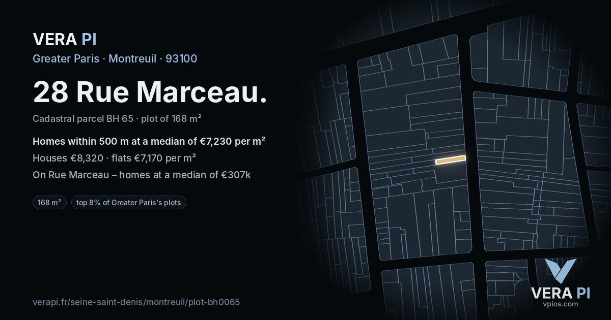 28 Rue Marceau, Montreuil at night – the plot lit, the parcels around coloured by the prices near them