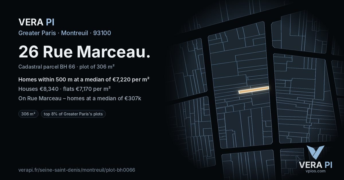 26 Rue Marceau, Montreuil at night – the plot lit, the parcels around coloured by the prices near them