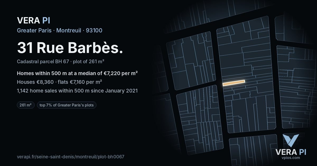 31 Rue Barbès, Montreuil at night – the plot lit, the parcels around coloured by the prices near them
