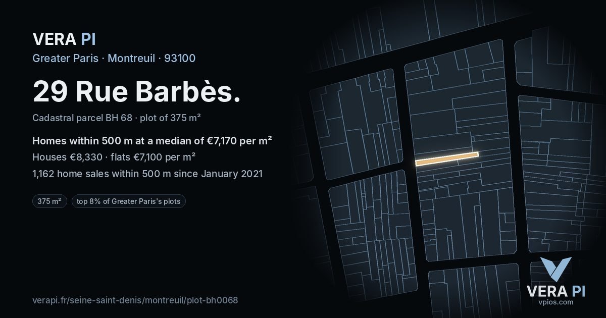 29 Rue Barbès, Montreuil at night – the plot lit, the parcels around coloured by the prices near them