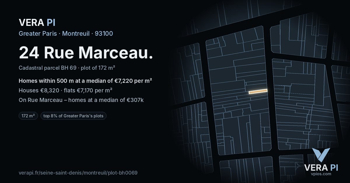 24 Rue Marceau, Montreuil at night – the plot lit, the parcels around coloured by the prices near them