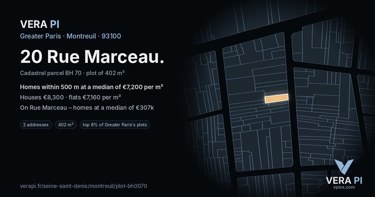 20 Rue Marceau, Montreuil at night – the plot lit, the parcels around coloured by the prices near them
