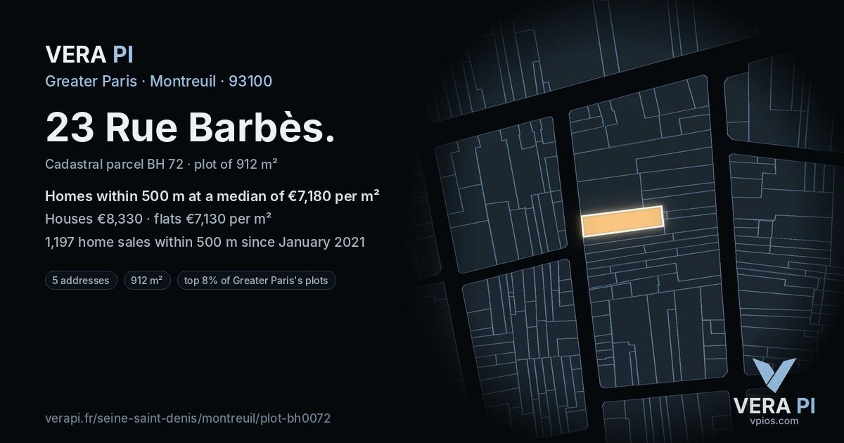 23 Rue Barbès, Montreuil at night – the plot lit, the parcels around coloured by the prices near them