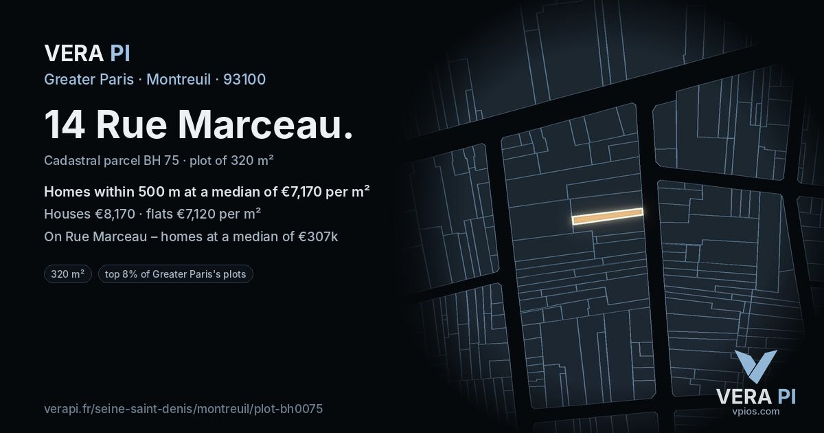 14 Rue Marceau, Montreuil at night – the plot lit, the parcels around coloured by the prices near them
