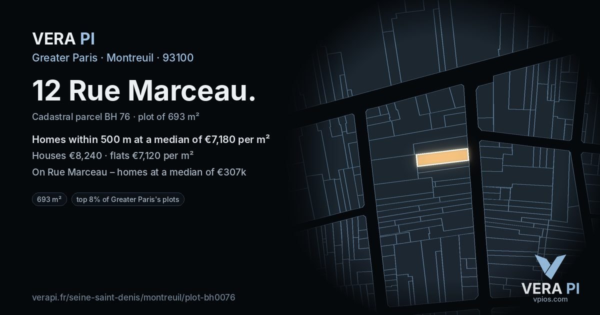 12 Rue Marceau, Montreuil at night – the plot lit, the parcels around coloured by the prices near them