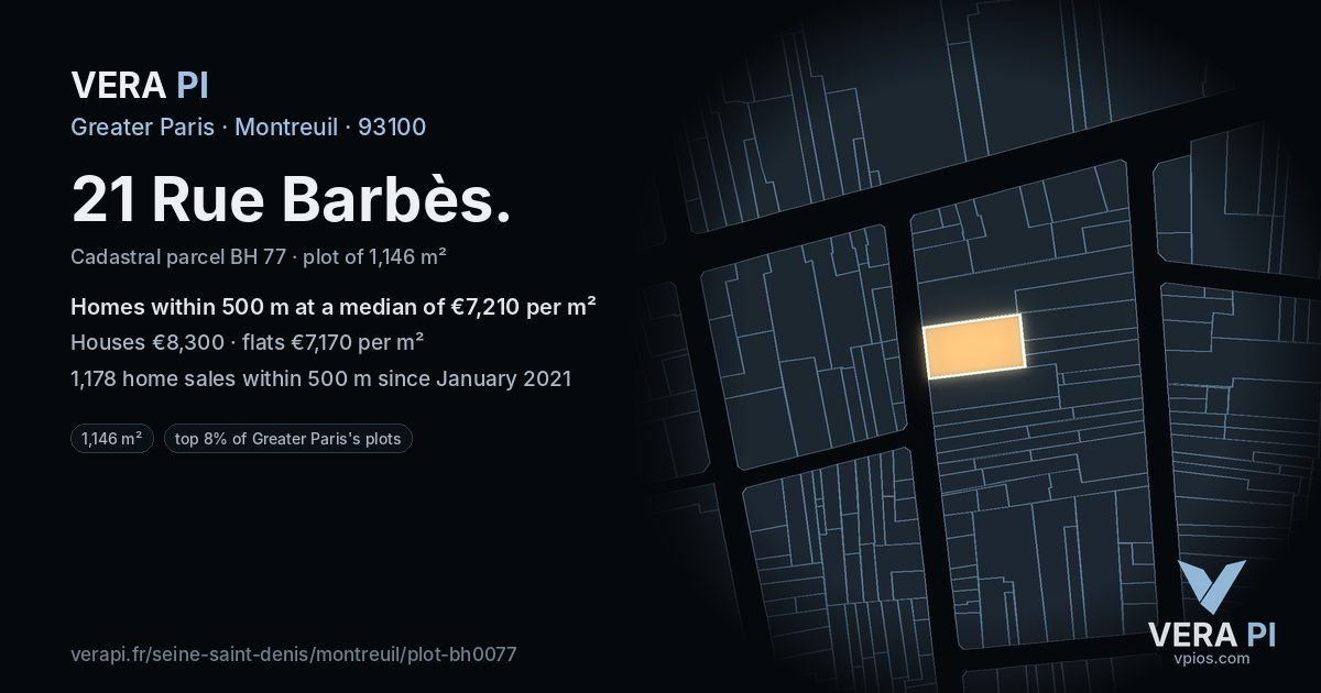 21 Rue Barbès, Montreuil at night – the plot lit, the parcels around coloured by the prices near them