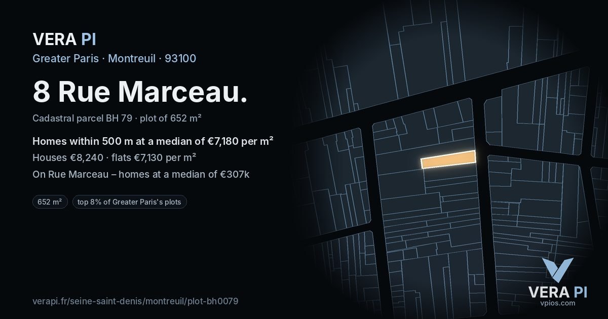 8 Rue Marceau, Montreuil at night – the plot lit, the parcels around coloured by the prices near them