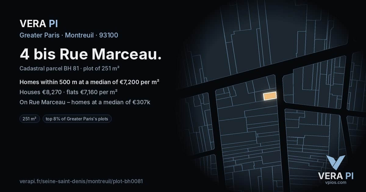 4 bis Rue Marceau, Montreuil at night – the plot lit, the parcels around coloured by the prices near them