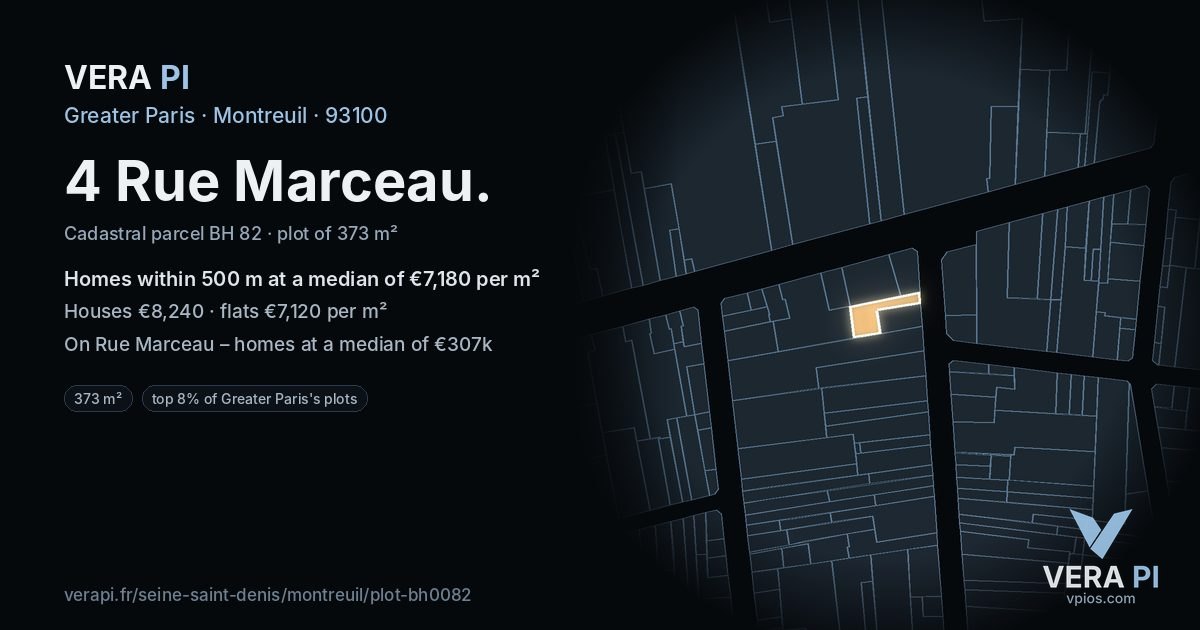 4 Rue Marceau, Montreuil at night – the plot lit, the parcels around coloured by the prices near them