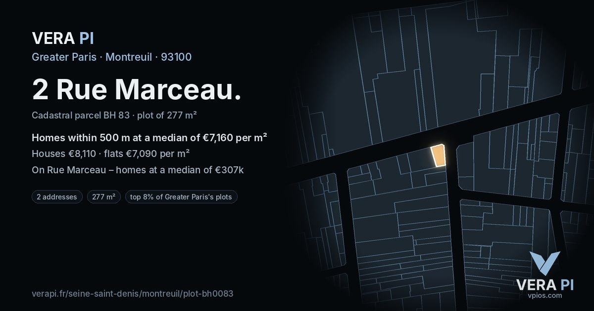 2 Rue Marceau, Montreuil at night – the plot lit, the parcels around coloured by the prices near them