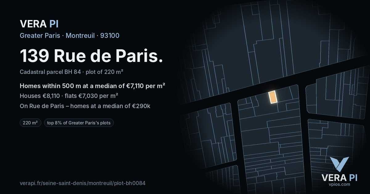 139 Rue de Paris, Montreuil at night – the plot lit, the parcels around coloured by the prices near them