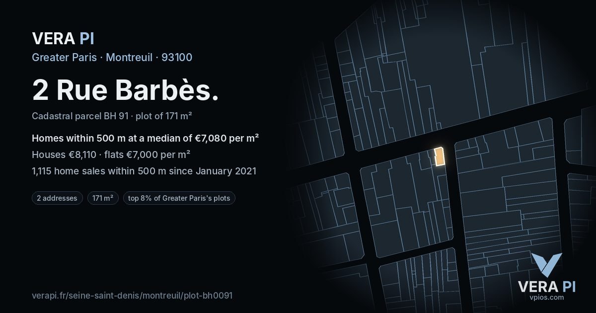 2 Rue Barbès, Montreuil at night – the plot lit, the parcels around coloured by the prices near them