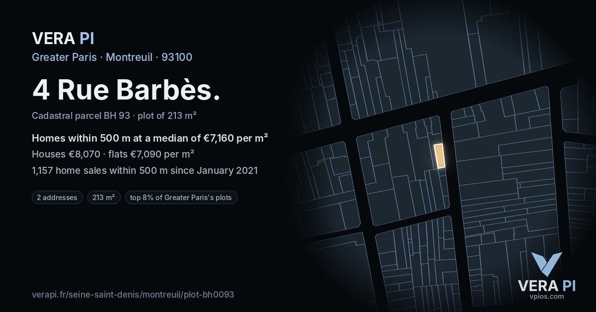 4 Rue Barbès, Montreuil at night – the plot lit, the parcels around coloured by the prices near them
