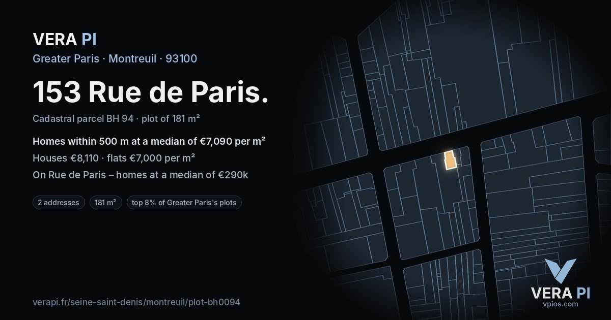 153 Rue de Paris, Montreuil at night – the plot lit, the parcels around coloured by the prices near them