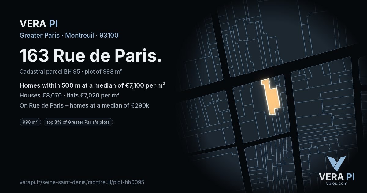163 Rue de Paris, Montreuil at night – the plot lit, the parcels around coloured by the prices near them