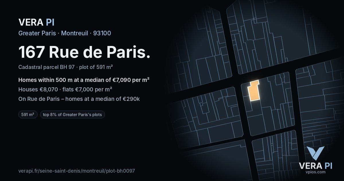 167 Rue de Paris, Montreuil at night – the plot lit, the parcels around coloured by the prices near them