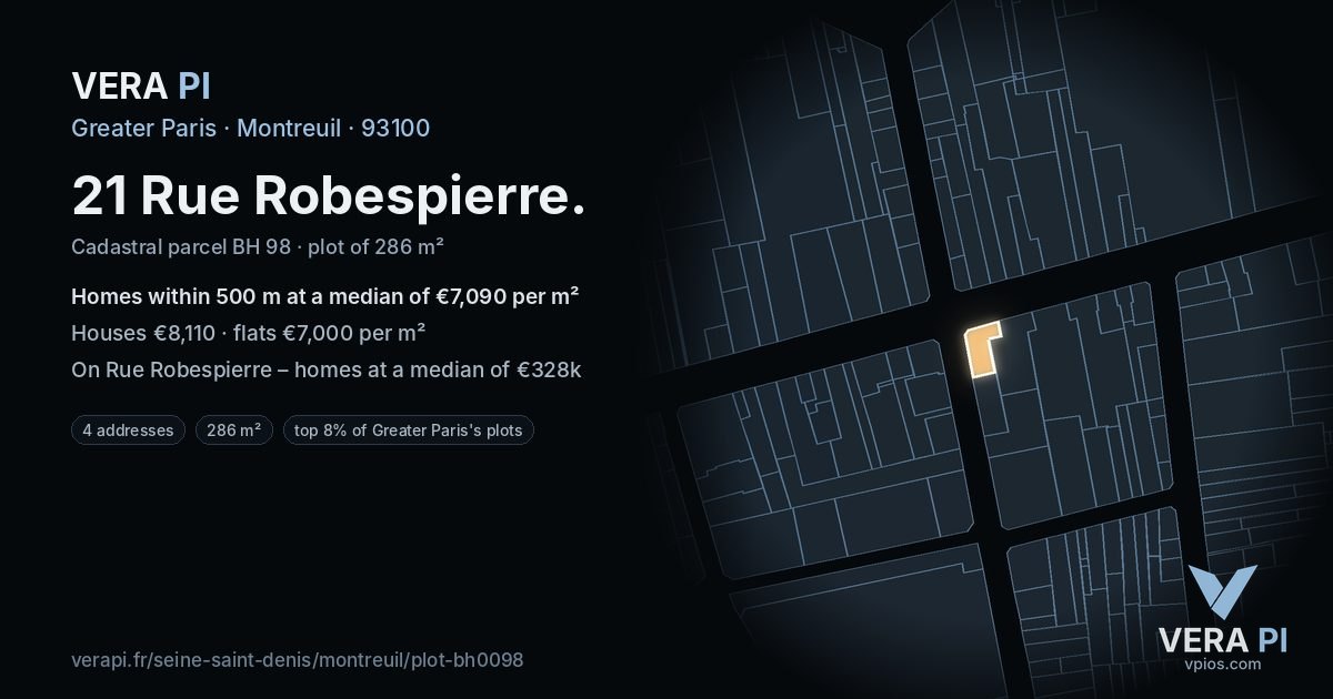 21 Rue Robespierre, Montreuil at night – the plot lit, the parcels around coloured by the prices near them