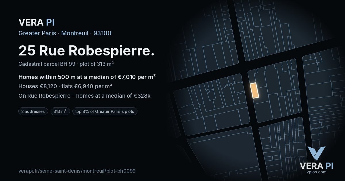 25 Rue Robespierre, Montreuil at night – the plot lit, the parcels around coloured by the prices near them